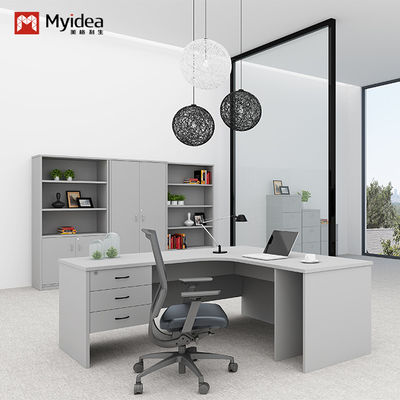 Curved L-shaped Modern Executive Desk with Cabinet Storage Single Computer Desk in Wood Style MFC