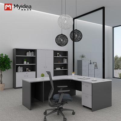 Curved L-shaped Modern Executive Desk with Cabinet Storage Single Computer Desk in Wood Style MFC