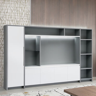 Office filing cabinet for the boss and supervisor, storage cabinet with hanging clothes area, white glossy painted office desk cabinet with lock induction light strip