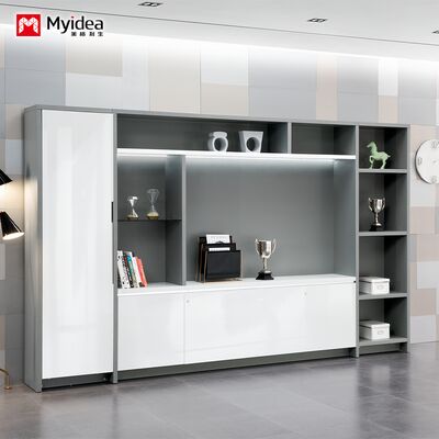 Office filing cabinet for the boss and supervisor, storage cabinet with hanging clothes area, white glossy painted office desk cabinet with lock induction light strip