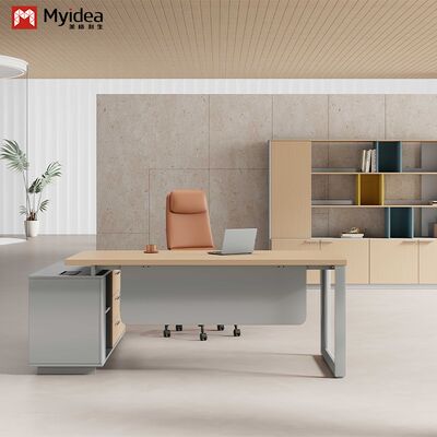 خرید میز اجرایی Myidea چوب جامد شکل L با کابینت زیر و پاهای فولادی متعدد برای ساختمان اداری online manufacture