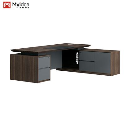 A Dark-colored Office Desk for a CEO's Space the Auxiliary Storage Cabinet Is Made of Thickened Melamine Board