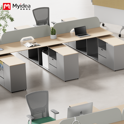 خرید میز کاری چند نفره، صفحه ی پاهای فولادی، ایستگاه کاری کارکنان، چهار نفره با کابینت کمکی بلند، میز کامپیوتری online manufacture