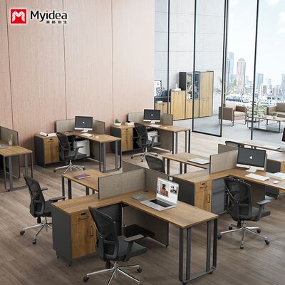 میز اداری دو نفره با کابینت جانبی ذخیره پاهای فولادی، میز کارکنان ساخته شده از مواد تابلو ملامین